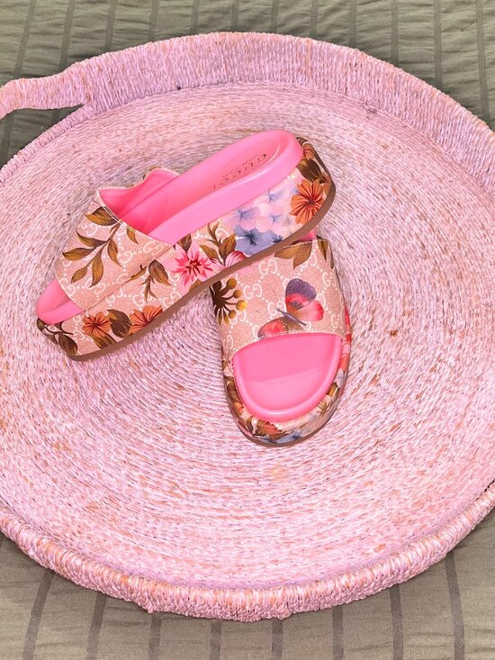Gucci Shoes - Gucci Beige & Pink Floral Monogram Platform Slide Sandals
